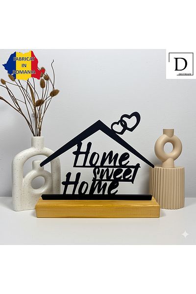 OEM "Home Sweet Home" decoration with natural wood base, 14 cm, black, 3D printed