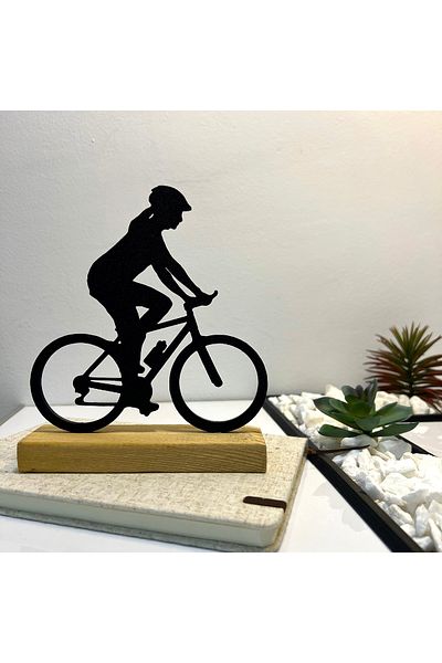 OEM "Bicyclist" decoration with natural wood base, 17 cm, black, 3D printed