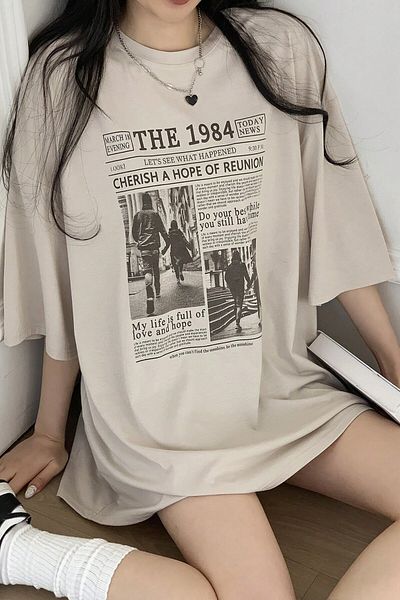 MODAGEN Unisex Beige Crew Neck 1984 Newspaper Printed Oversize T-Shirt