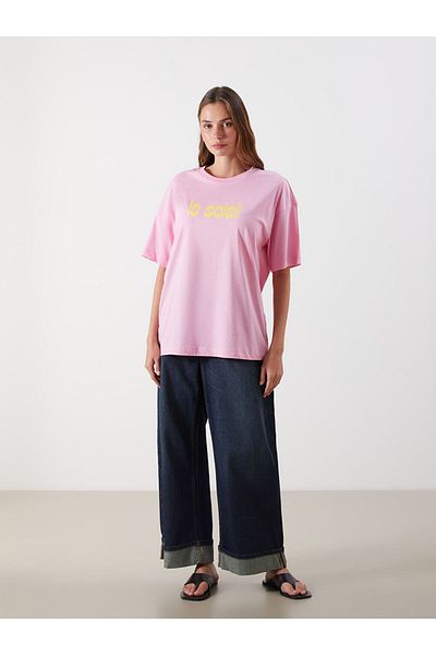 LC Waikiki Pink Crew Neck Printed Oversize Women's T-Shirt