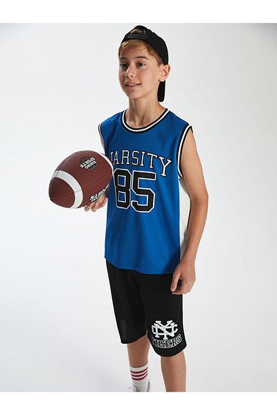 LC Waikiki Blue Crew Neck Varsity Printed Boys Undershirt