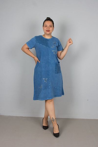 Truva XXL Blue Stone Embroidered Washed Cotton Combed Dress – Plus Size Comfortable and Stylish between 42 and 56