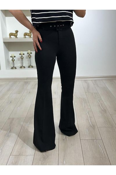 MELTEM TUĞAN Full Lycra Belted Spanish Leg Trousers Black
