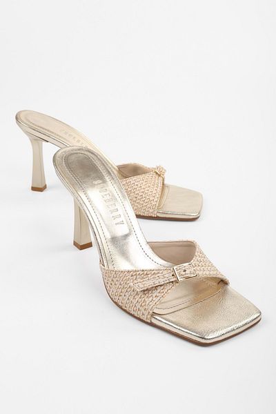 Shoeberry Women's Vionne Gold Straw Belt Heeled Slippers