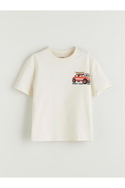 LC Waikiki Beige Crew Neck Car Printed Boy's T-Shirt