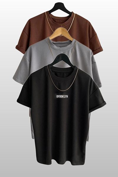 MODAGEN Unisex Brooklyn Printed 3 Pack Καφέ-Γκρι-Μαύρο T-Shirt