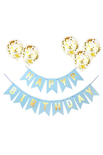 Teno Set of 5 Teno® Banner Balloons, Confetti,, HAPPY BIRTHDAY model, blue