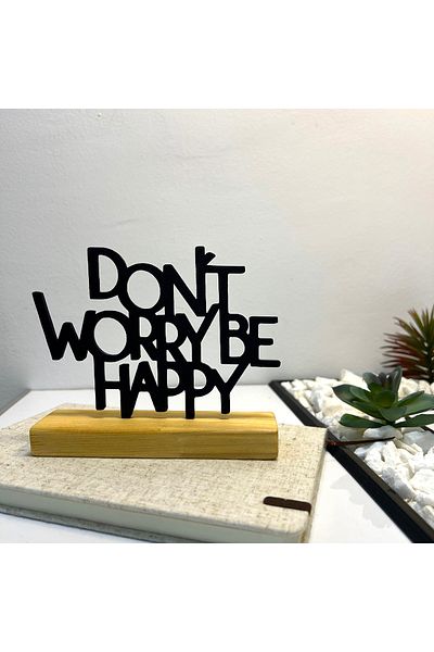 OEM "Don't Worry, Be Happy" decoration with natural wood base, 12 cm, black, 3D printed