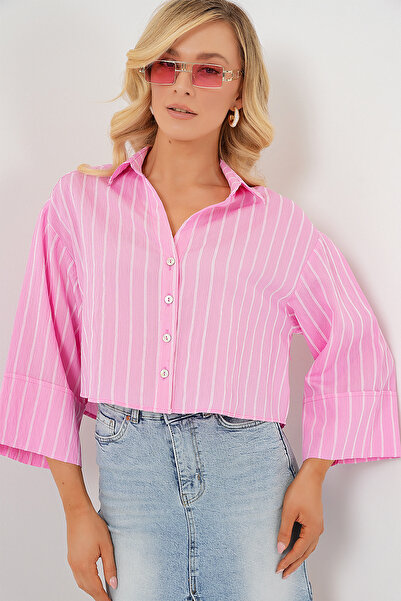 Bigdart Women's Striped Oversize Short Shirt 20326 - Pink