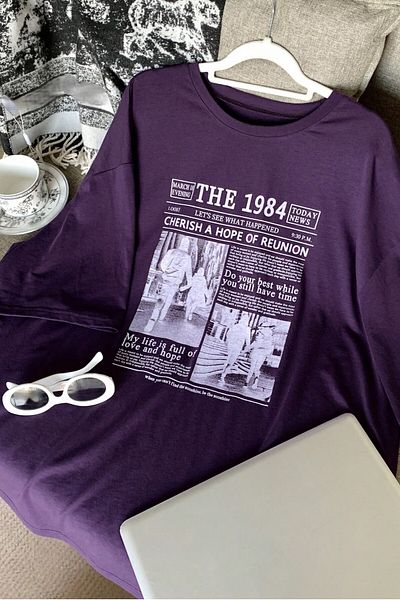 MODAGEN Unisex Purple Crew Neck 1984 Newspaper Printed Oversize T-Shirt