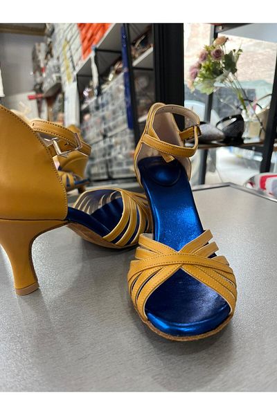 bitangosu New Model Salsa Baçata Latin Dances with 7 Bands 6 cm Goblet Heels Dance and Ballroom Shoes Mustard