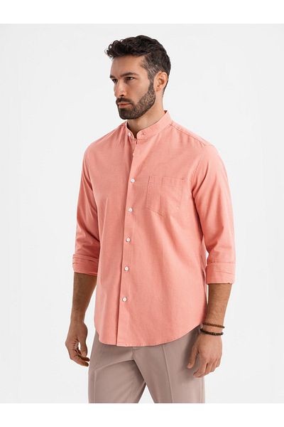 OMBRE Herren Leinenhemd mit Stehkragen und Tasche REGULAR FIT - rosa V1 OM-SHCS-0161 XXL