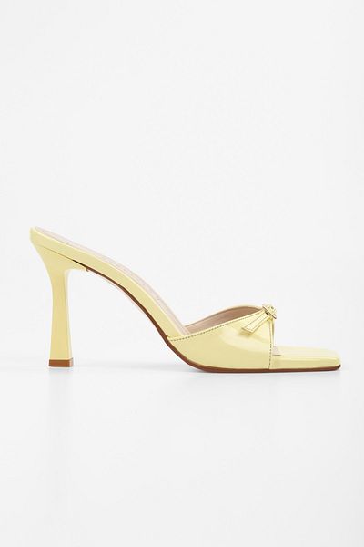 Shoeberry Women's Vionne Yellow Patent Leather Belted Heeled Slippers