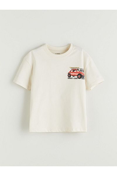 LC Waikiki Beige Crew Neck Car Printed Boy's T-Shirt