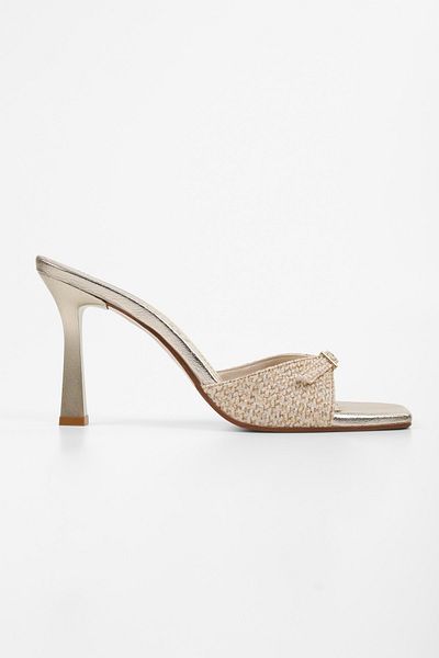 Shoeberry Women's Vionne Gold Straw Belt Heeled Slippers