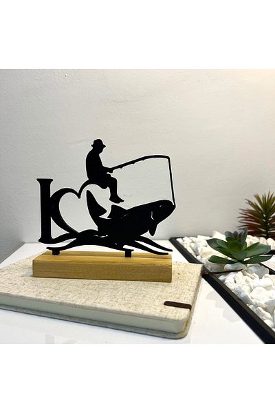 OEM "Fisherman" decoration with natural wooden base, 13.5 cm, black, 3D printed