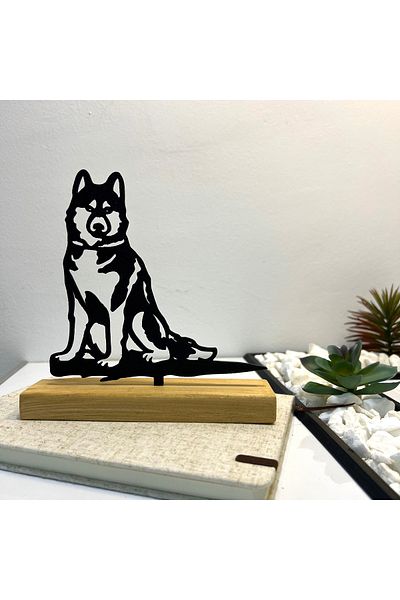 OEM "Wolf" decoration with natural wooden base, 16 cm, black, 3D printed