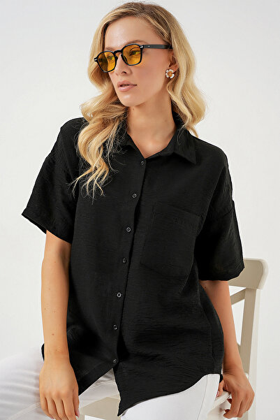 Bigdart Women's Short Sleeve Linen Look Shirt 20336 - Black