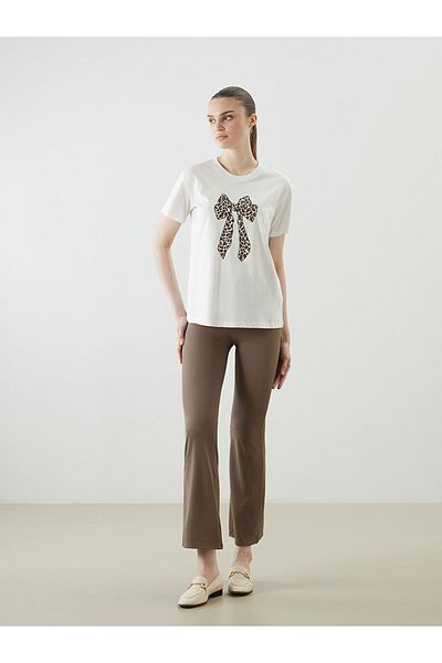 LC Waikiki Ecru Crew Neck Ribbon Printed Women's T-Shirt