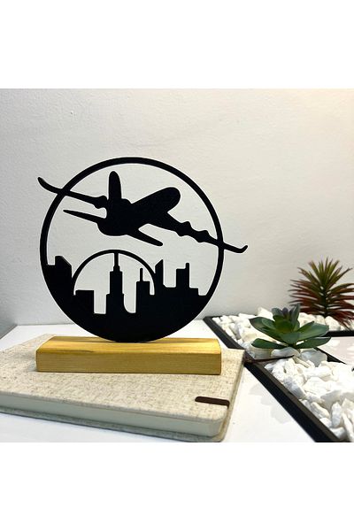 OEM "Flying Over the City" decoration with natural wood base, 16.5 cm, black, 3D printed