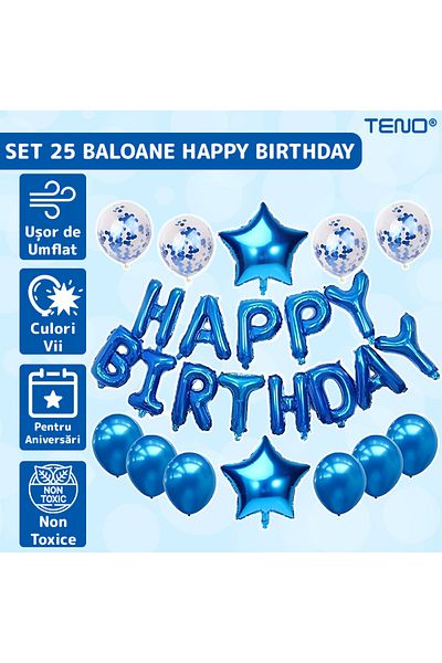 Teno Set of 25 Teno® Balloons, Letters, confetti, stars, HAPPY BIRTHDAY model, blue