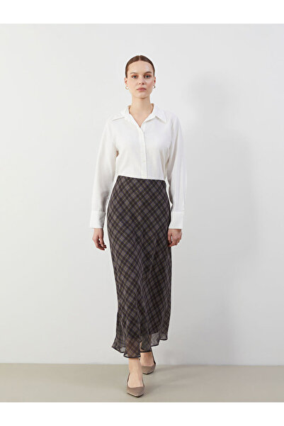 LC Waikiki Brown Loose Fit Plaid Chiffon Skirt