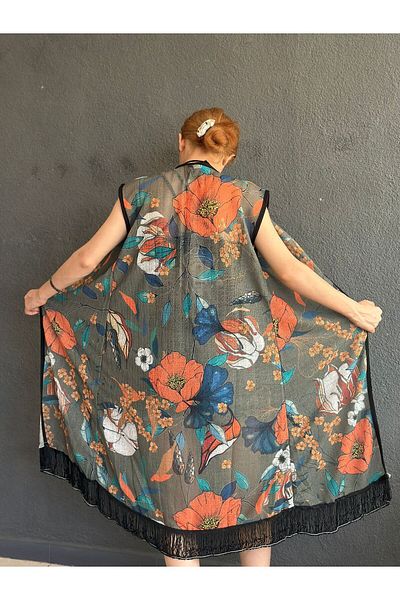 Gönülden Tasarım Flower Patterned Long Tassel Women's Vest Beach Vest 105 cm