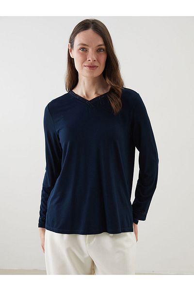 LC Waikiki New Season Γυναικεία μπλούζα με λαιμόκοψη V με μακρυμάνικο στρας - S5GE03Z8
