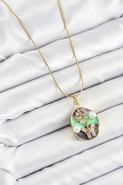 Clariss 316L Steel Chain Zircon Stone Green Purple Artistic Portrait Pearl Detailed Tree and Butterfly Figured Model