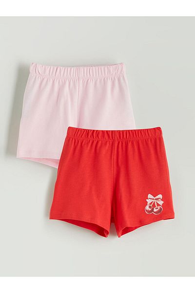 LC Waikiki Pink Printed Girl's Shorts with Elastic Waist, Pack of 2