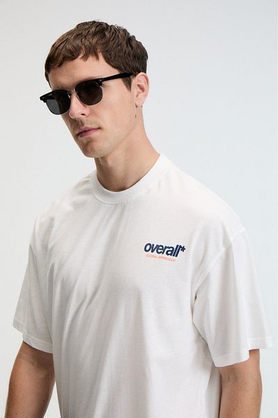GRIMELANGE Feast men's 100% cotton Oversized fit Printed short sleeve round neck ecru t-shirt