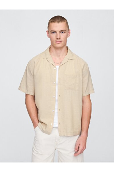 GAP Erkek Krem Keten Karışımlı Desenli Gömlek