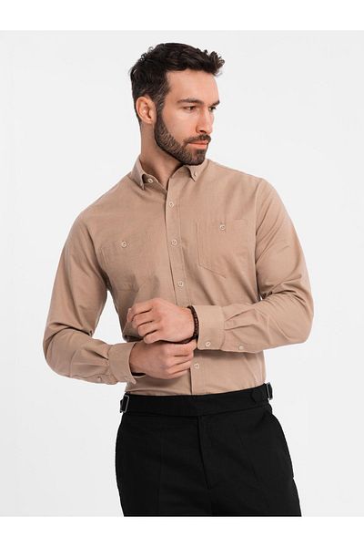 OMBRE Herren Leinenhemd mit klassischem Kragen und Taschen REGULAR FIT - hellbraun V7 OM-SHCS-0134 S