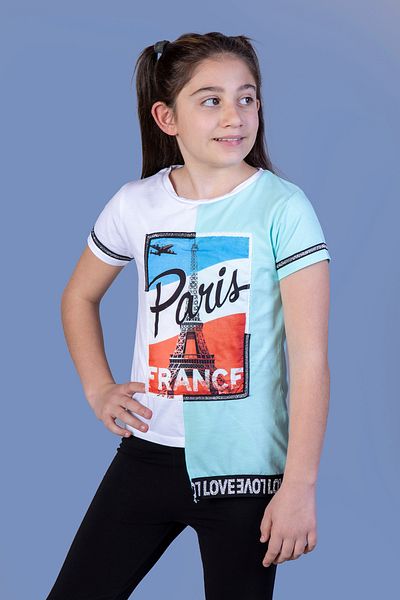 Toontoy Girl's Paris Printed Striped T-Shirt