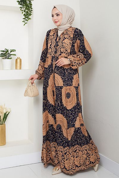 InStyle Mandala Pattern Navy Blue Viscose Dress