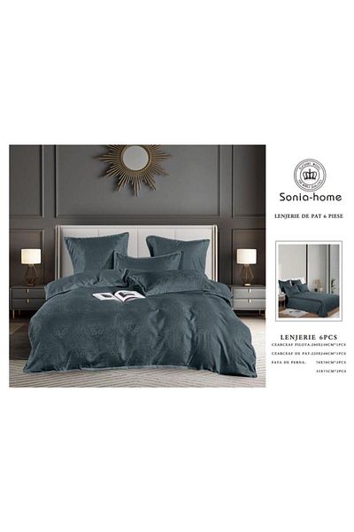 Sonia-home 6 Piece Satin Cotton Linen Set – Sonia Home Damask Grey Petrol Damask