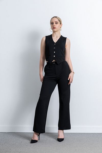 TUĞBA ERGÜL Women's Vest Pants Double Suit Crepe Fabric 1030 - Black