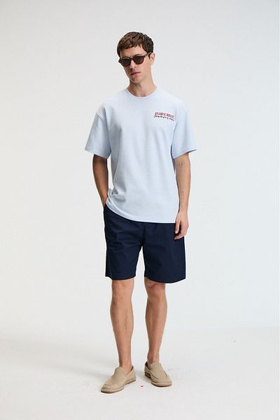 GRIMELANGE Yum Men's Oversize Printed Round Neck Blue T-Shirt