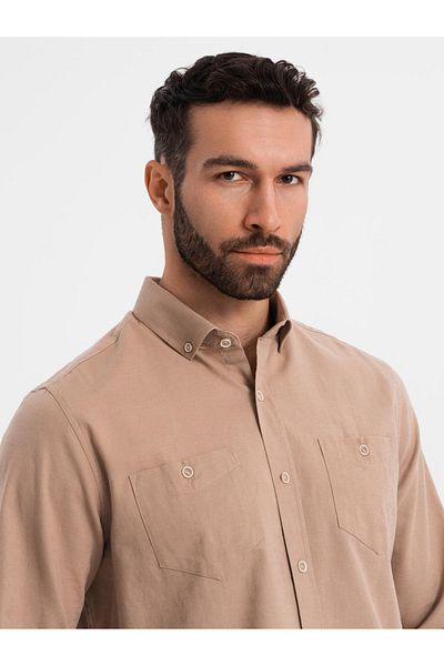 OMBRE Herren Leinenhemd mit klassischem Kragen und Taschen REGULAR FIT - hellbraun V7 OM-SHCS-0134 S