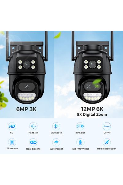 Choice US PLUG 12MP 6K Camera 12MP 6K PTZ Wifi Camera 8X Digital Zoom Outdoor Dual Screens Wifi Surveillanc