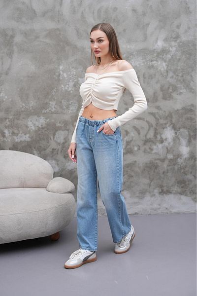 Tarz Cool Women's Loose Leg High Elastic Waist Jean Trousers Blue