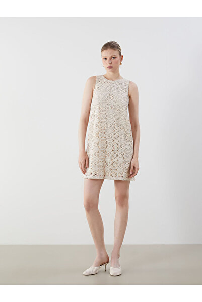LC Waikiki Ecru Crew Neck A-Line Crochet Mini Dress