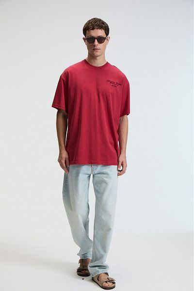 GRIMELANGE Treat Men's Oversize 100% Cotton Printed Round Neck Red T-Shirt