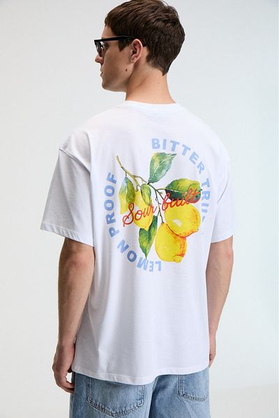 GRIMELANGE Flavor Men's Oversize 100% Cotton Printed Round Neck White T-Shirt