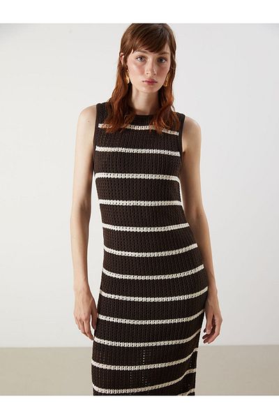 LC Waikiki Brown Crew Neck Striped Knitwear Dress