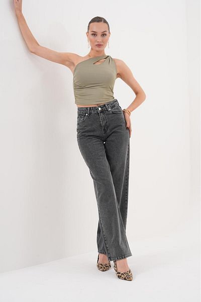 Tarz Cool Women's Palazzo Loose Leg Super High Waist Jean Trousers Anthracite
