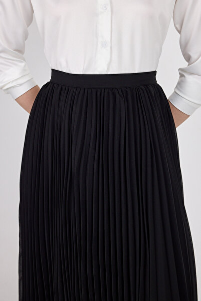 Rays Siyah Şifon Piliseli Yüksek Bel Maxi Etek 1003