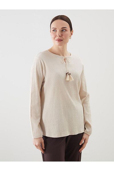 LC Waikiki Grace Beige Tie Collar Textured Women's Blouse