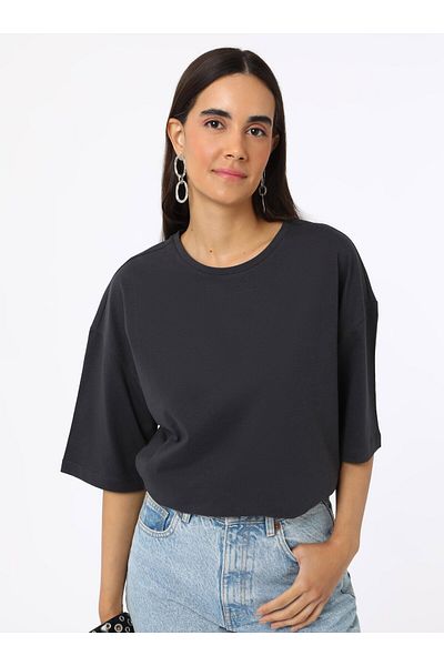 Refka Crew Neck Off Shoulder Women's Basic T-Shirt - Anthracite - Refka