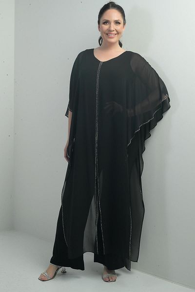 By Saygı Women's Chiffon Stone Detail Cape Wide Leg Lycra Plus Size Jumpsuit